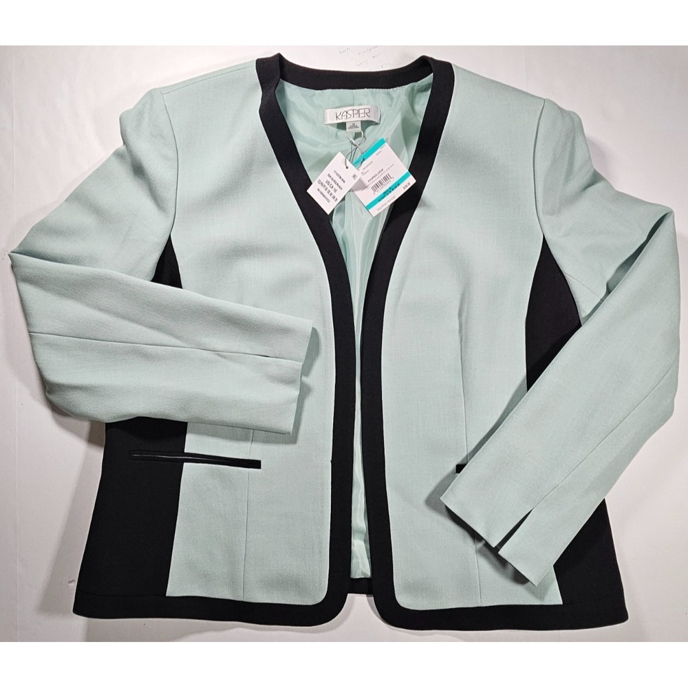 Kasper Women's Green Crepe Open-Front Collarless Blazer Jacket Size 16